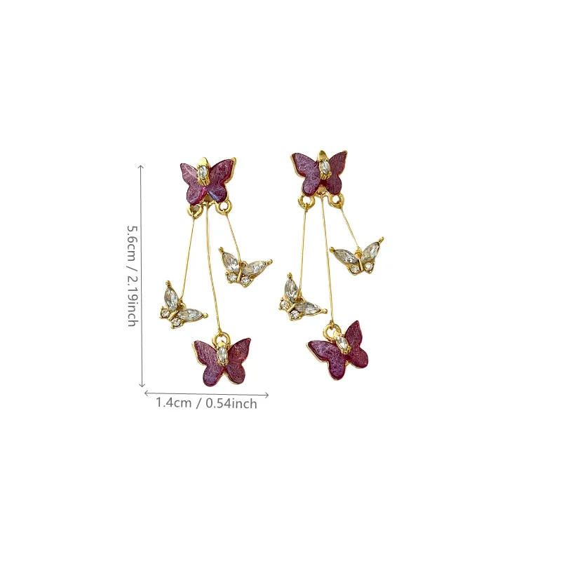 Female Luxury Temperament Purple Crystal Butterfly Clip on Earrings for Women Simple Long Zircon Tassel Drop Ear Clips Earrings