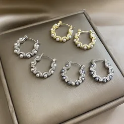 2024 New Light Luxury French Retro Circle Highlight Pearl Hoop Earrings For Women Fashion Simple Crystal Jewelry Party Gifts