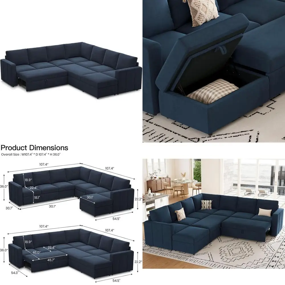 

Большой секционный диван-кровать с выдвижным спальным местом и местом для хранения, синий