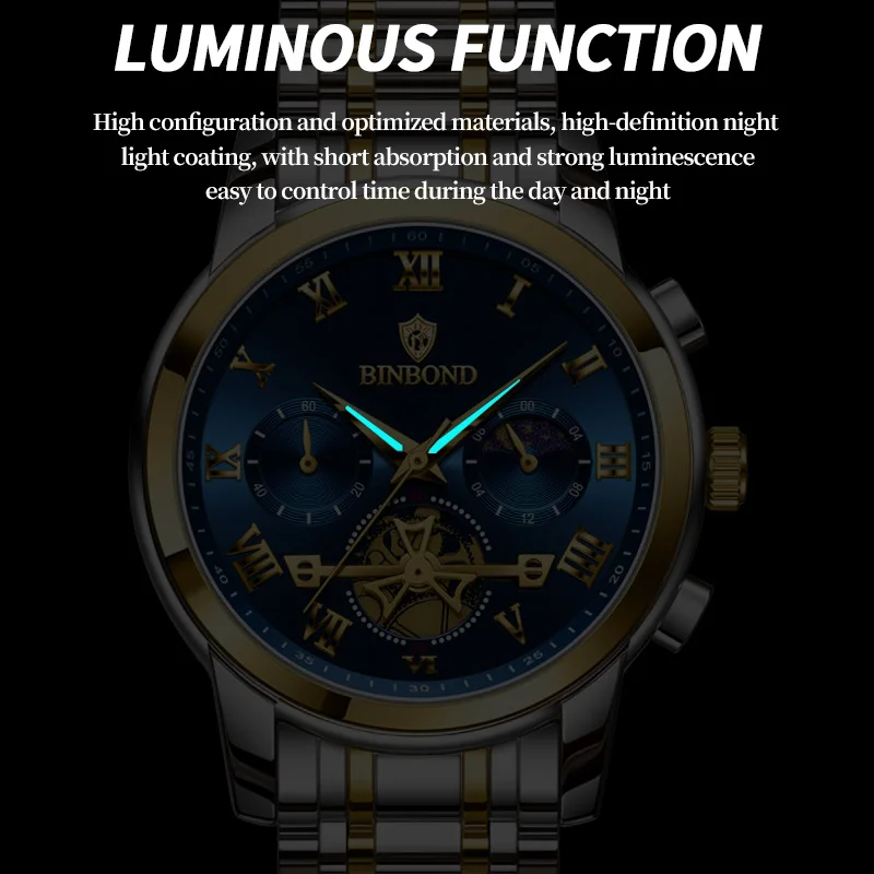 BINBOND B780 Top Brand Mens Quartz Luxury  Stainless Steel Luminescence Clock Casual Chic Waterproof Outdoor Sport Watch