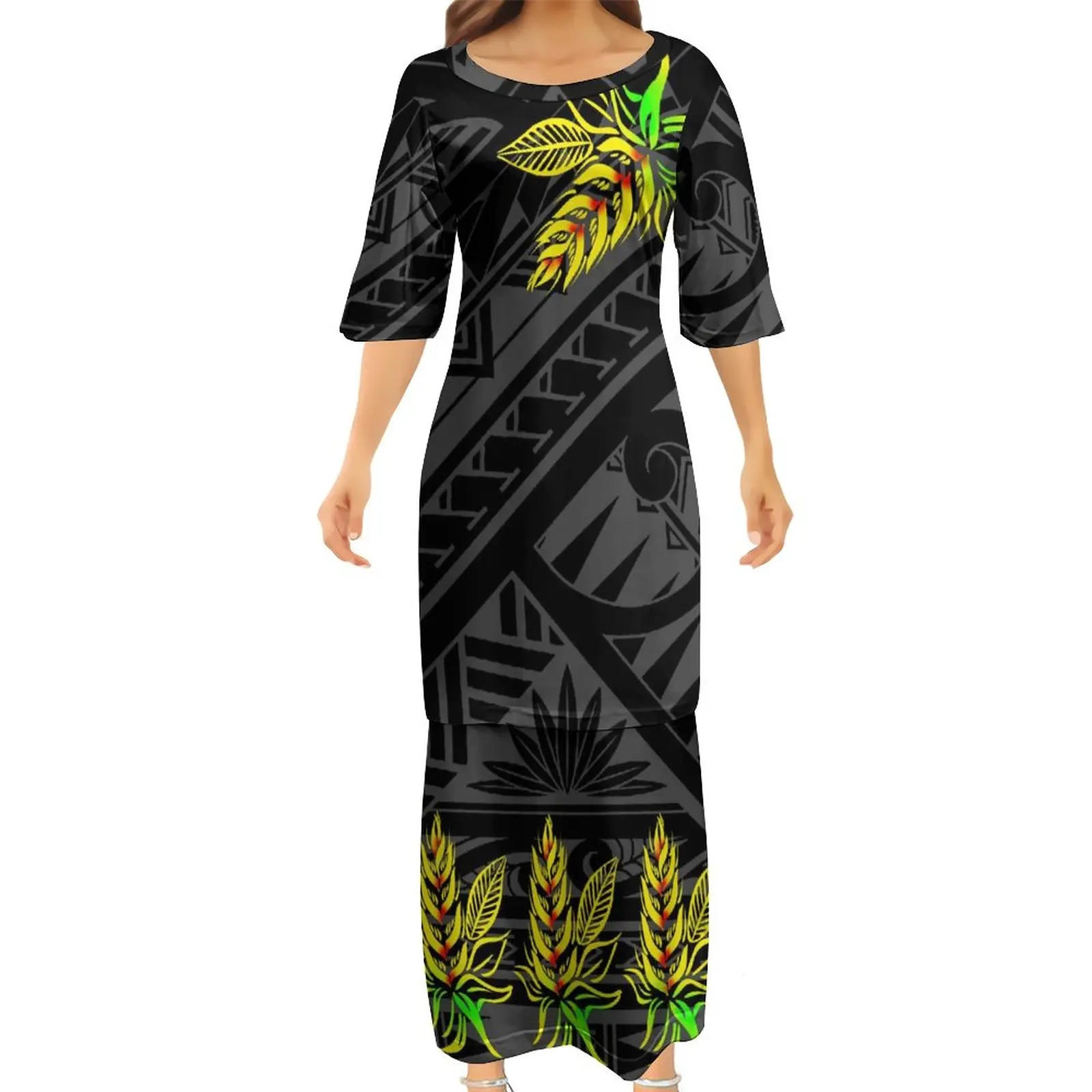 

Samoan Puletasi Polynesian Classic Pattern Women Club Bodycon Half Sleeve Dresses New Design Dress 2 Piece Set