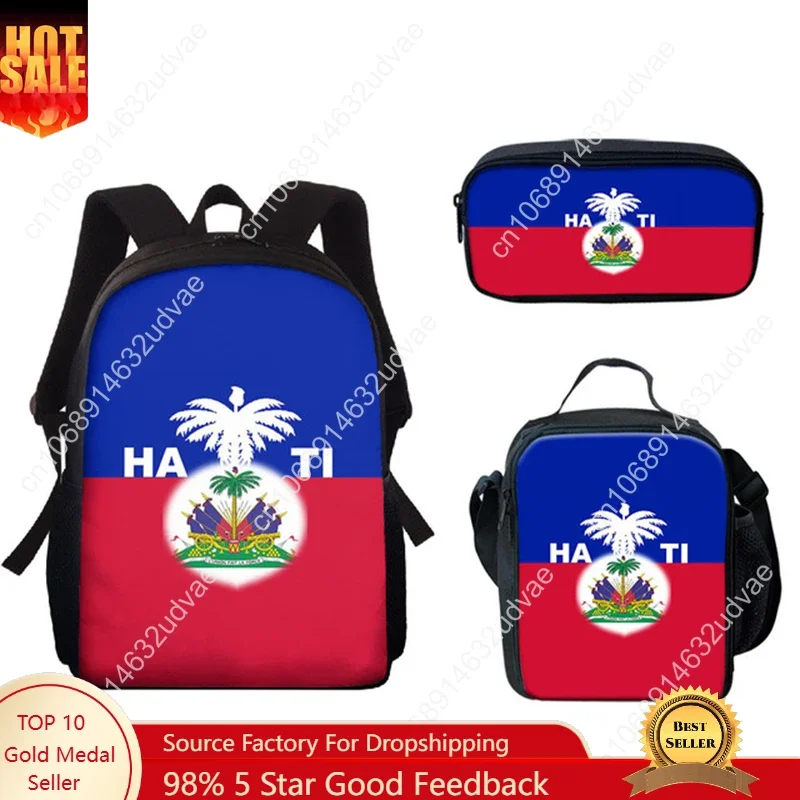 Popular Youthful Haiti Flag 3D Print 3pcs/Set Student Travel bags Laptop Daypack Backpack Lunch Bag Pencil Case