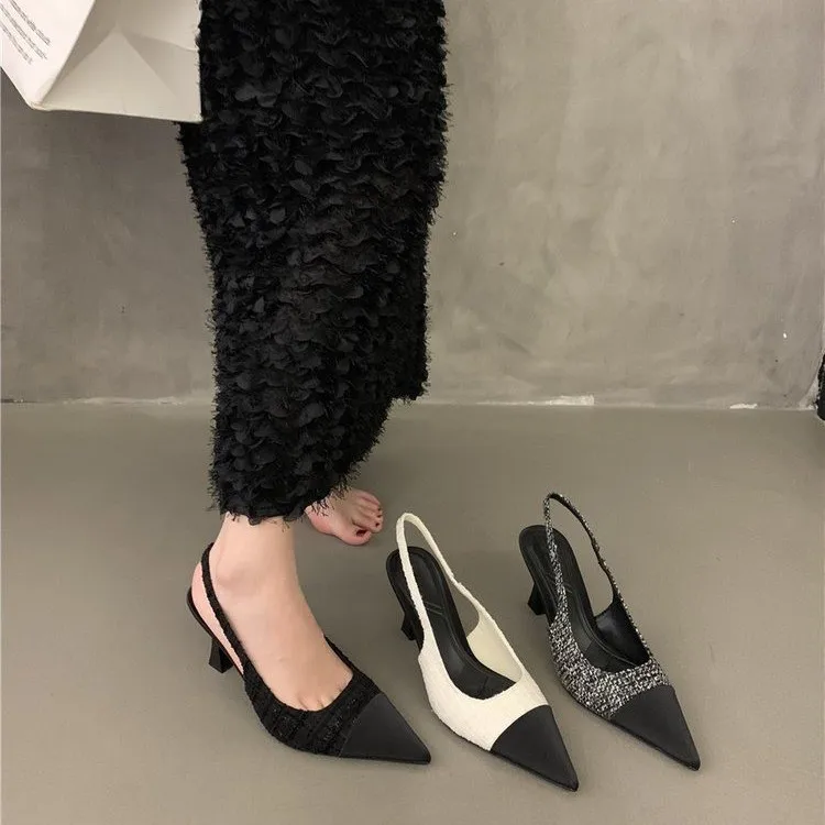 Sexy Baotou Women's Sandals Fashion Color Block Pointed Toe Thin Heel Shoes Minimal Elegant Banquet Party Ladies High Heels