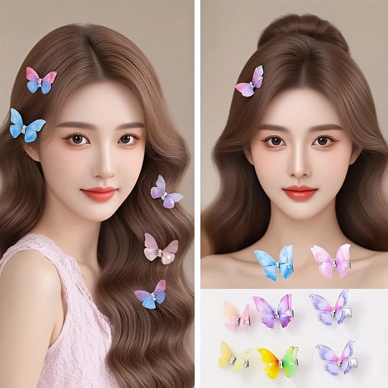 6/8/12 pièces, couleurs variées. Barrettes à cheveux papillon à double couche dégradées pour femmes. Ensemble d'accessoires quotidiens mignons sur le thème des princesses.