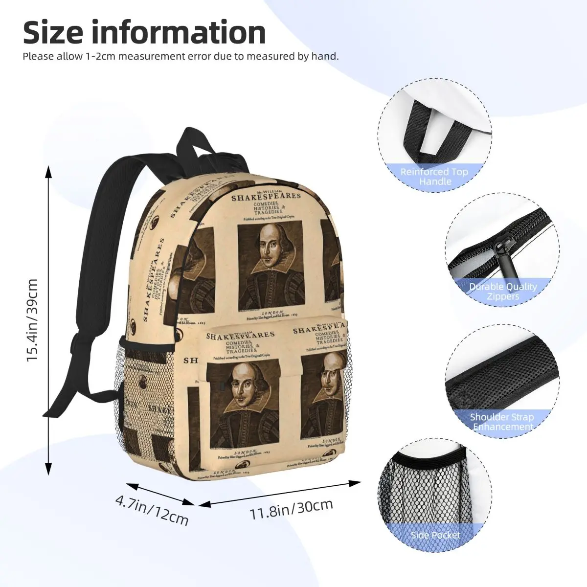 Shakespeare First Folio Front Piece Backpack Student Boys Girls BookBag Men Women School Bag Computer Shoulder Bags