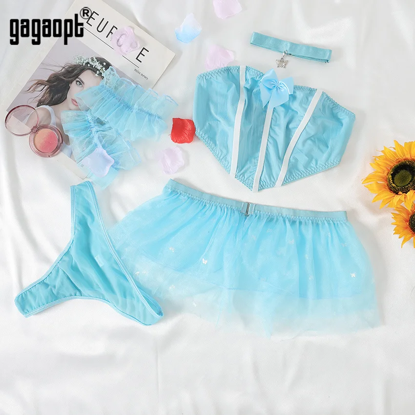 Gagaopt Erotic Lingerie Bow Crop Top Ruffled Sensual Underwear Sissy Skirt Porn Matching Fine Porn Outfit