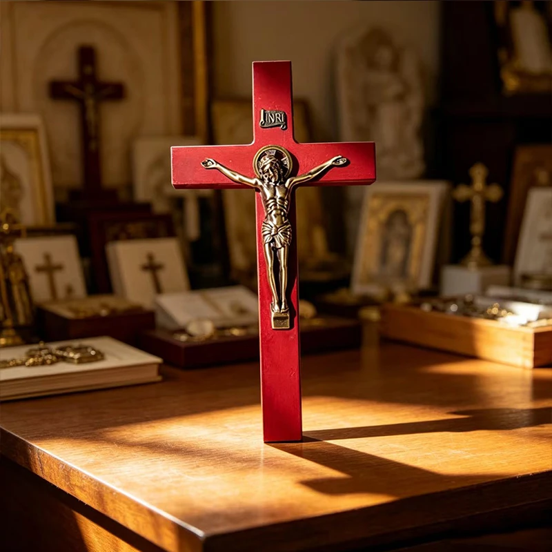 Red Wooden Wall Hanging Crucifix with Vintage Bronze Jesus & INRI for Catholic Christian Church Home Altar Religious Decor