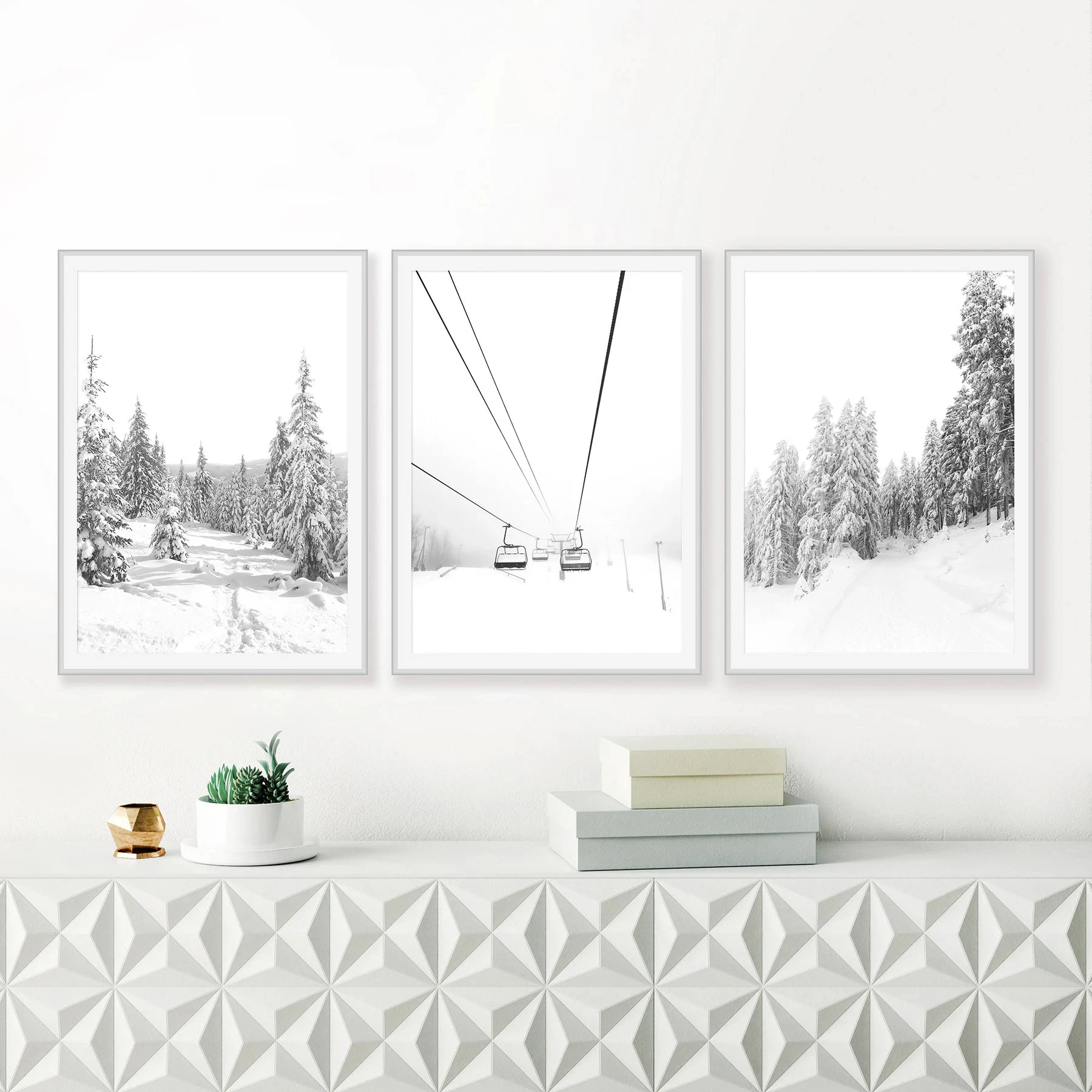 3PC Winter Prints Black and White Print Wall Art Decor Nordic Poster Snow Forest Print Ski Lift Art Chalet Decor Ski Print