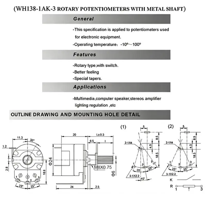 New WH138-1 Adjustable Resistance Speed Regulator With Switch Potentiometer B5K/10K/20K/50K/100K/250K/500K
