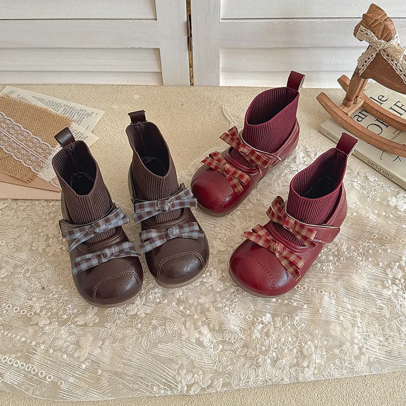 Kids'Boots Solid Color PU Leather Bow Fashion Autumn Flat Shoes For Girls Anti-slip Breathable Brown Red Shoes Size 23-34