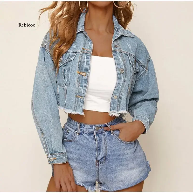 Autumn Burr Frayed Denim Women Short Coat Long Sleeve Turn-Down Collar Candy Color Female Jacket Vintage Streetwear Lady Outwear