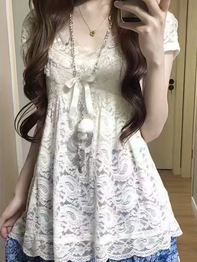 Japanese Kawaii Summer 2 Piece Dress Sets Fairy Lace Short Sleeve Blouse + Y2k Sweet Bow Strap Dress 2000s Lolita Vintage Suits