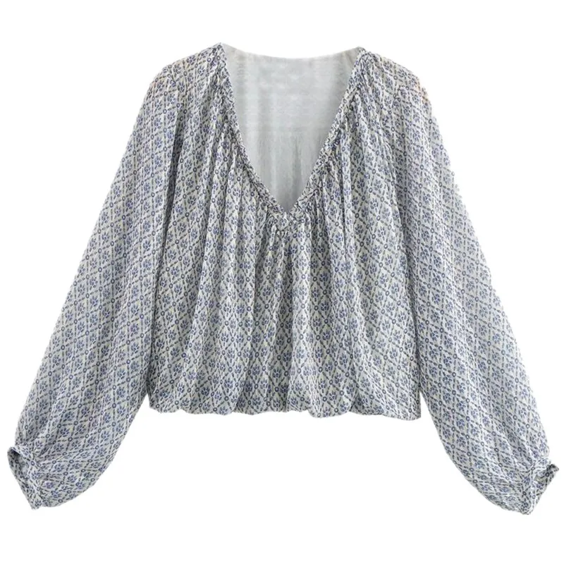 

Metallic Print Balloon Sve V-Ne Top Women's Faion Autumn Winter New Arrival Loose Fit Long Sve irt Versatile Sle