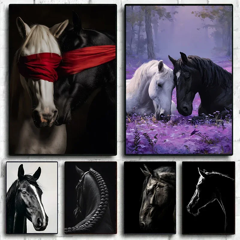 1pc frameless Canvas Painting Modern Art Animal Prairie Horse Black and White Prints Picture Home Living Room Decoration Wall Ar