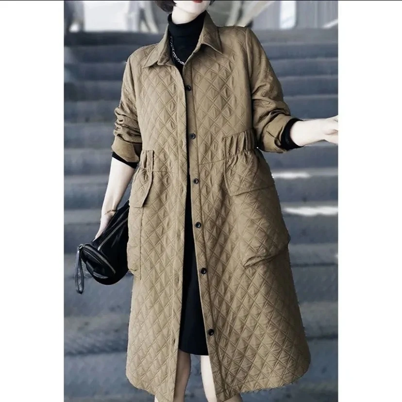 

2025 Autumn New Korean Sle Loose Casual Midi Coat Diamond Pattern Cotton Lined Simple Faionable Women's ort Outerwear