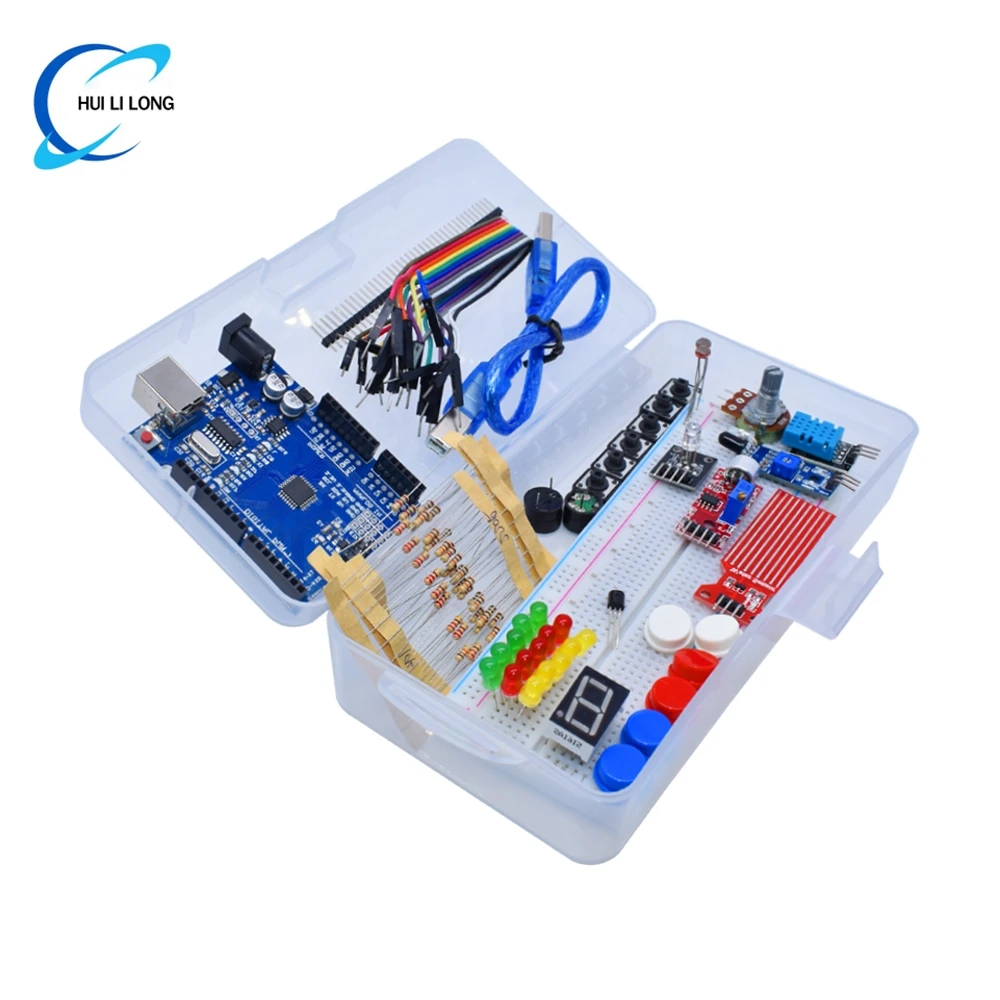 Starter Kit für Arduino Uno R3 Breadboard Basic, einfaches Lernset, Ton-/Wasserstand-/Feuchtigkeits-/Entfernungserkennung, LED-Steuerung