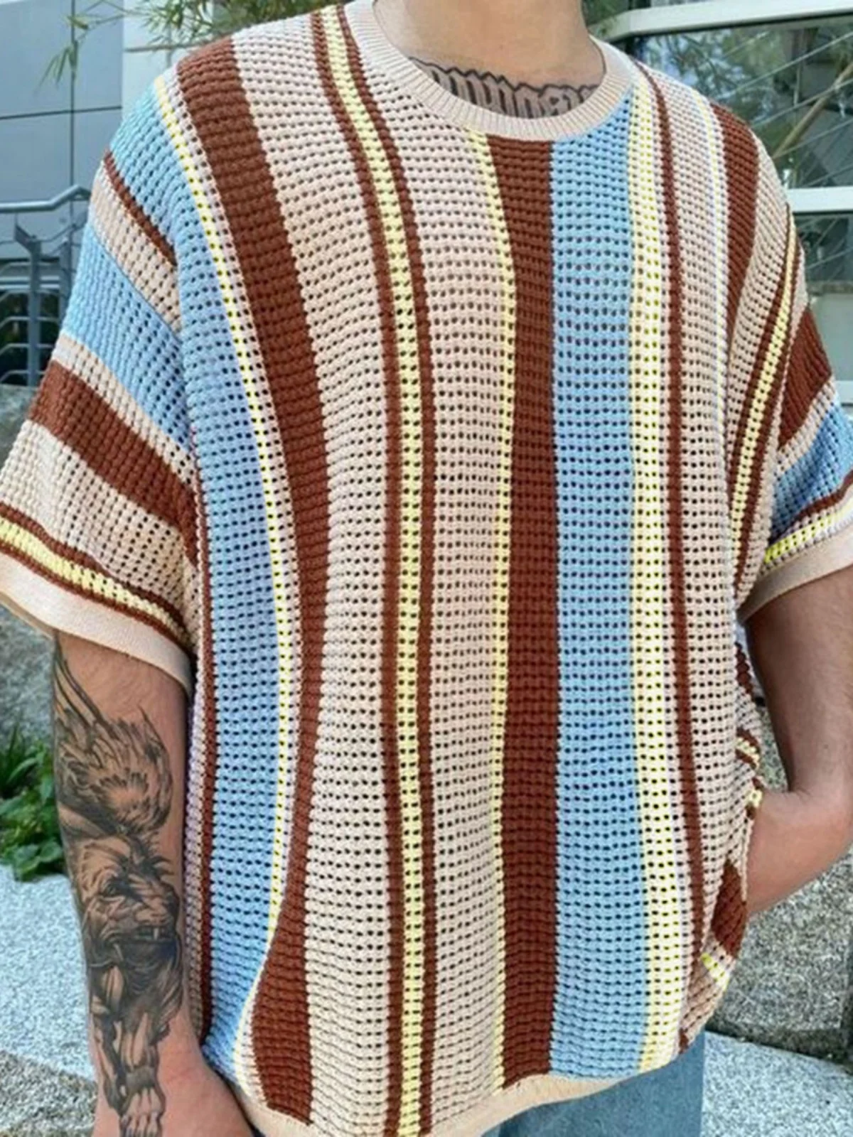 

Summer New Men's round Ne ort Sve Knitted T-irt Youth Faion Thiened Knitwear Striped Pattern Urban Sle