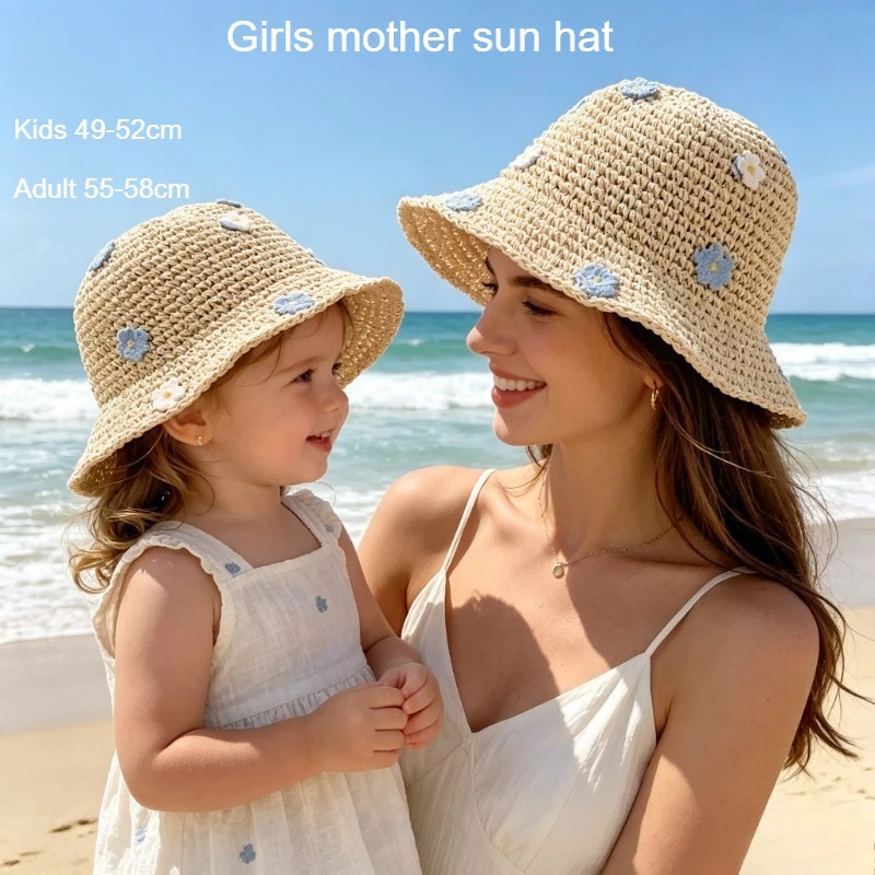 Kinder-Sonnenhut mit Blumenmuster für Mädchen, Sommer-Strandhut, Outdoor-Sonnenschutz, Kleinkind-Strohhut, Damen-Kappe
