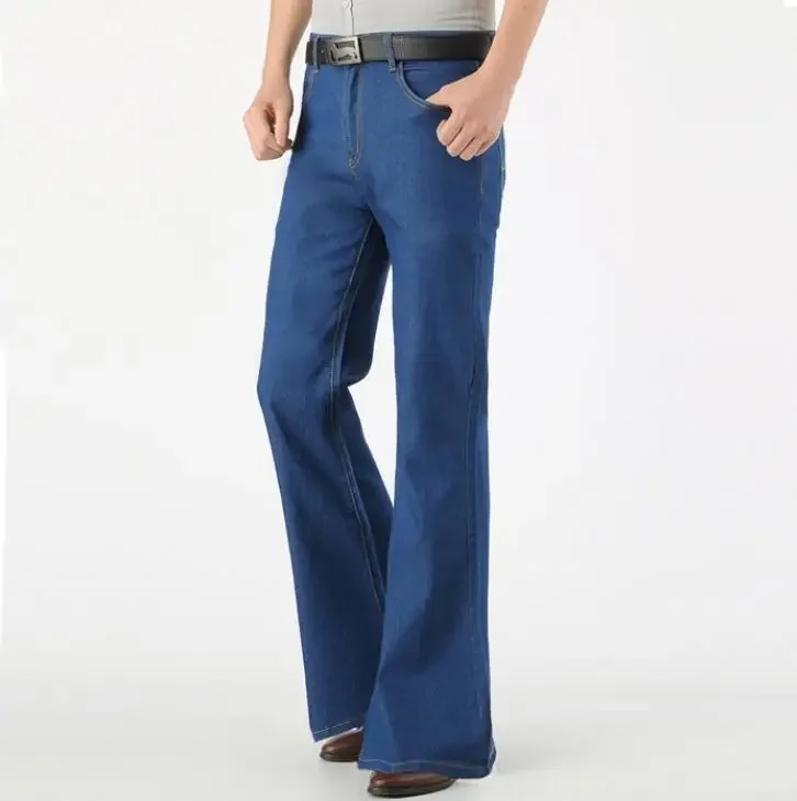 

Men Flared Jeans Thin Summer Nostalgic Vintage Denim Trouser Bottoms Blue 80s