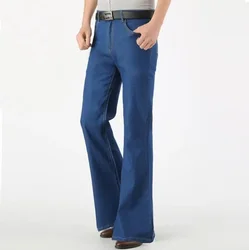 Men Flared Jeans Thin Summer Nostalgic Vintage Denim Trouser Bottoms Blue 80s