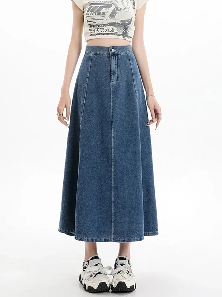 

Long Denim Skirt Women 2024 Spring Summer New Arrivals High Elastic Waist A Line Jeans Skirts Fashion Casual Blue Skirts