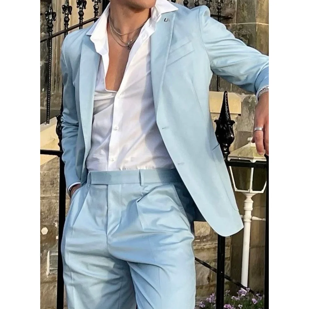 

Men 2 Piece Suit Sky Blue Single Breasted Slim Fit Tapered Waist Casual Elegant Business Suits Formal Office Wear Comfortable St