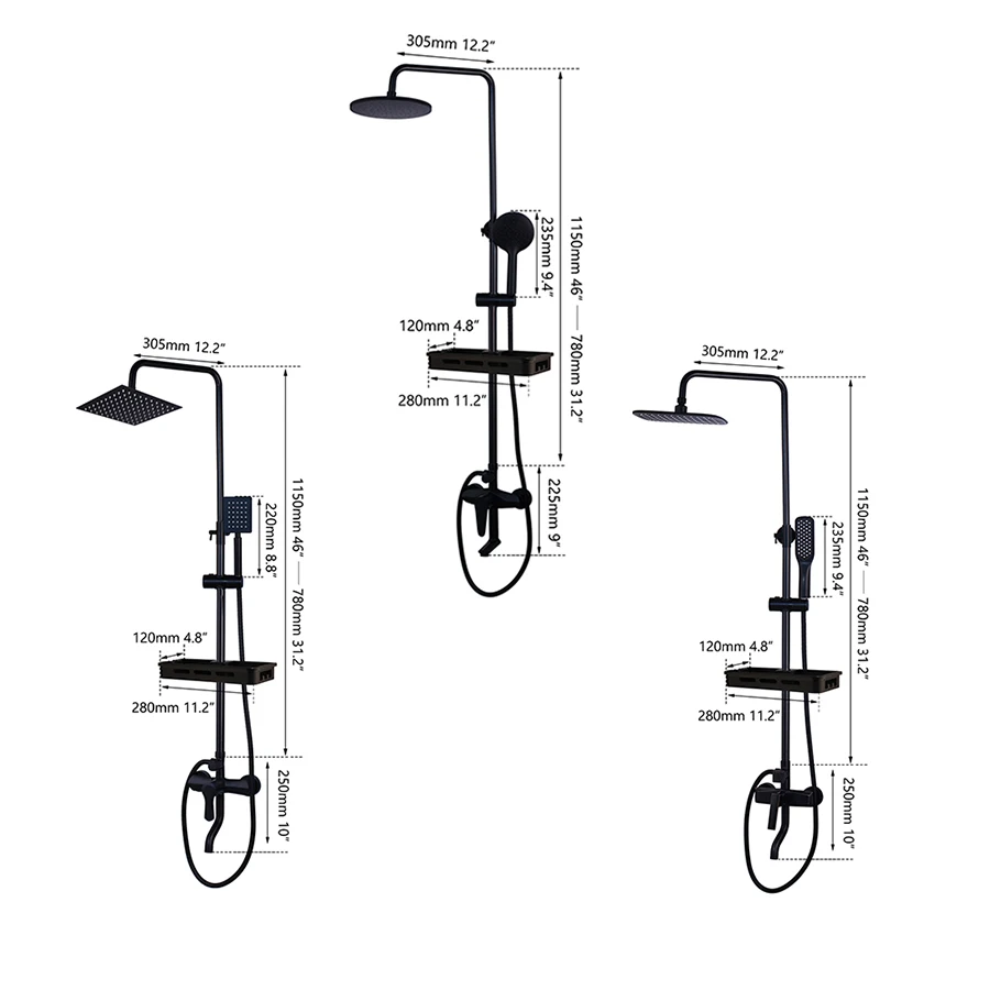 Torayvino Rainfall Shower System Bathroom Shower Faucet Set Matte Black Wall Mounted W/Storage Shelf Bathtub Mixer Tap Combo Kit