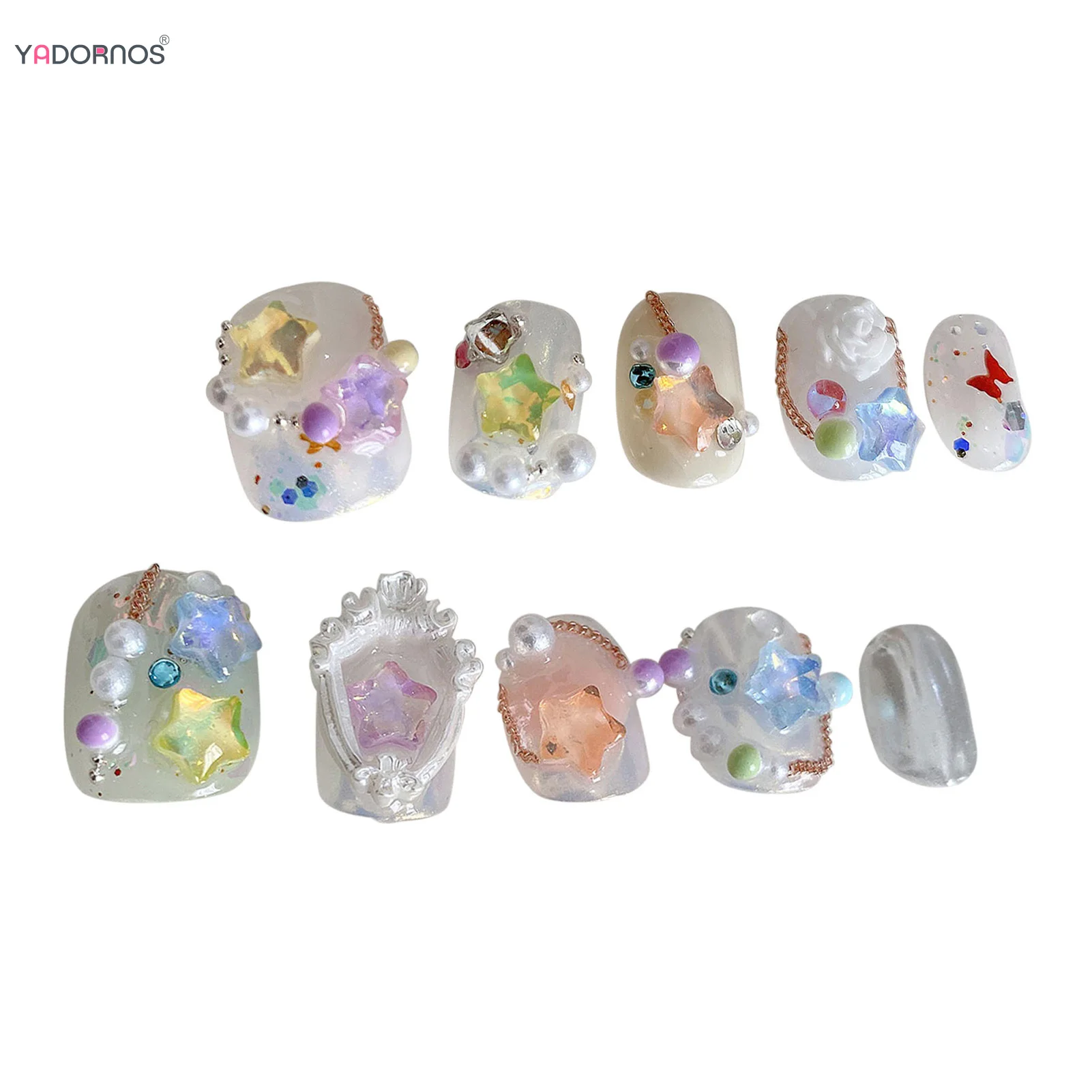 Uñas postizas 3D hechas a mano para mujer, diseño de estrella, flor y Perla, Color desnudo, manicura artesanal