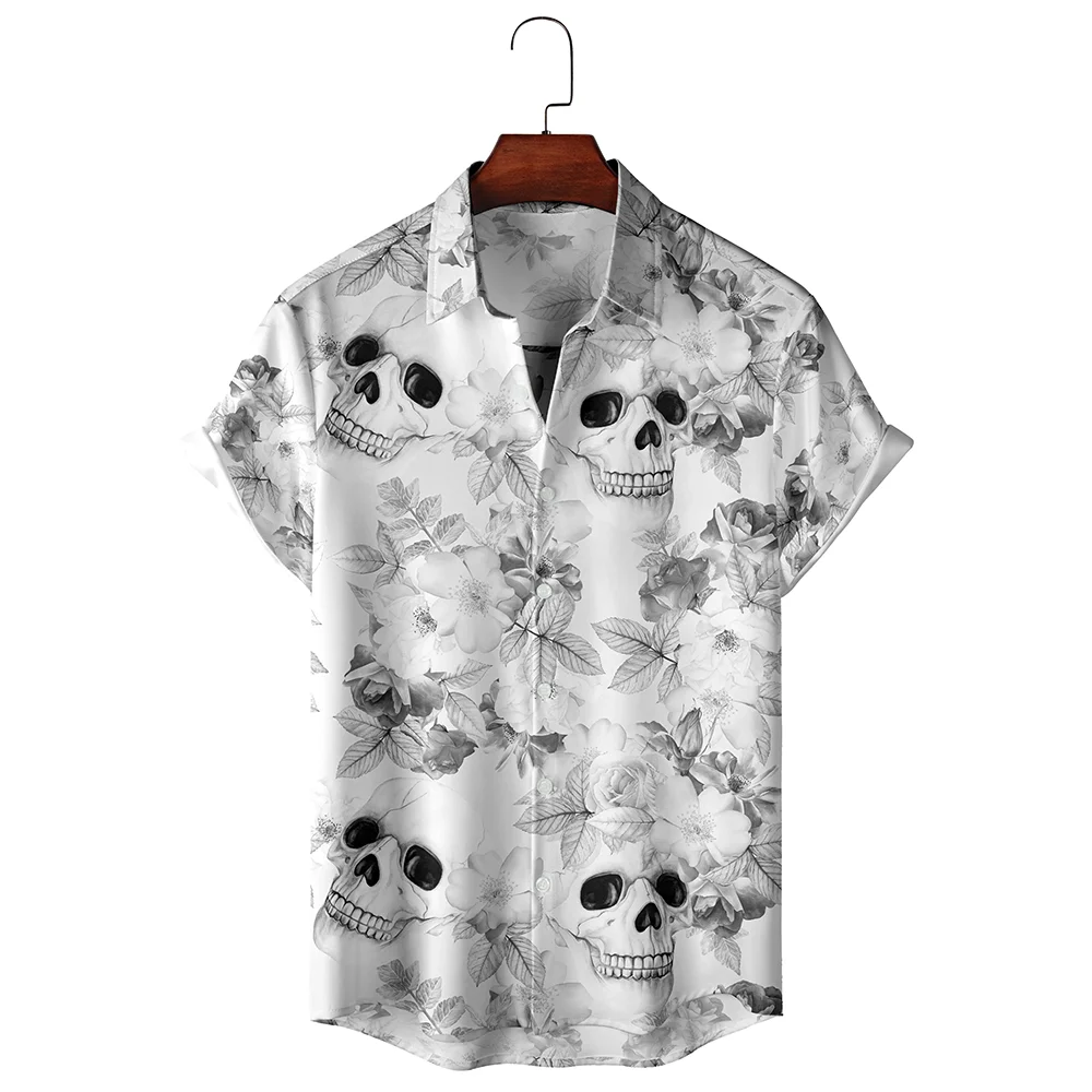 Chemise à manches courtes à imprimé floral pour hommes, chemise boutonnée, motif de crâne, mode décontractée