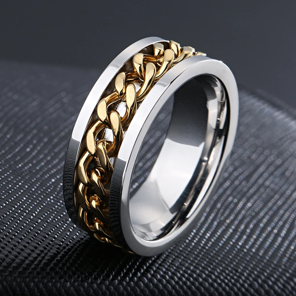 Unisex Gold Color Roman Numerals Spinner Chain Ring