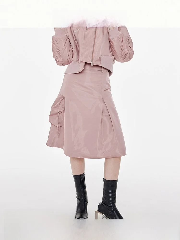 Pink Dopaamine Workwear  Skirt for Women Outdoor Retro A-Line High Waist Polyester Fiber Princess Style mid Waist Pocket