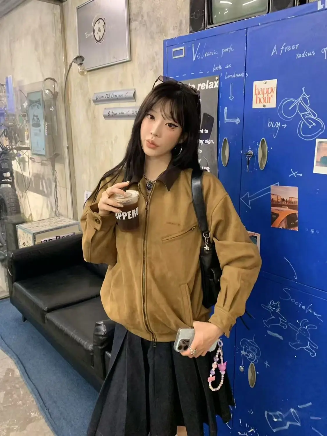 

Bomber Jackets Womens Jacket Collared Autumn Suede Colorblock Panelled Drawstring Minimalist Urban Adjustable Elastic Cleanfit