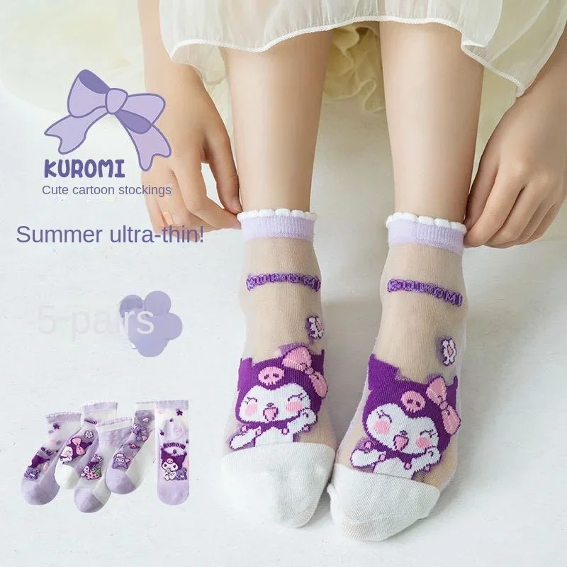 Kuromi-Calcetines de algodón puro para niñas, medias finas de verano, transpirables, 5 pares