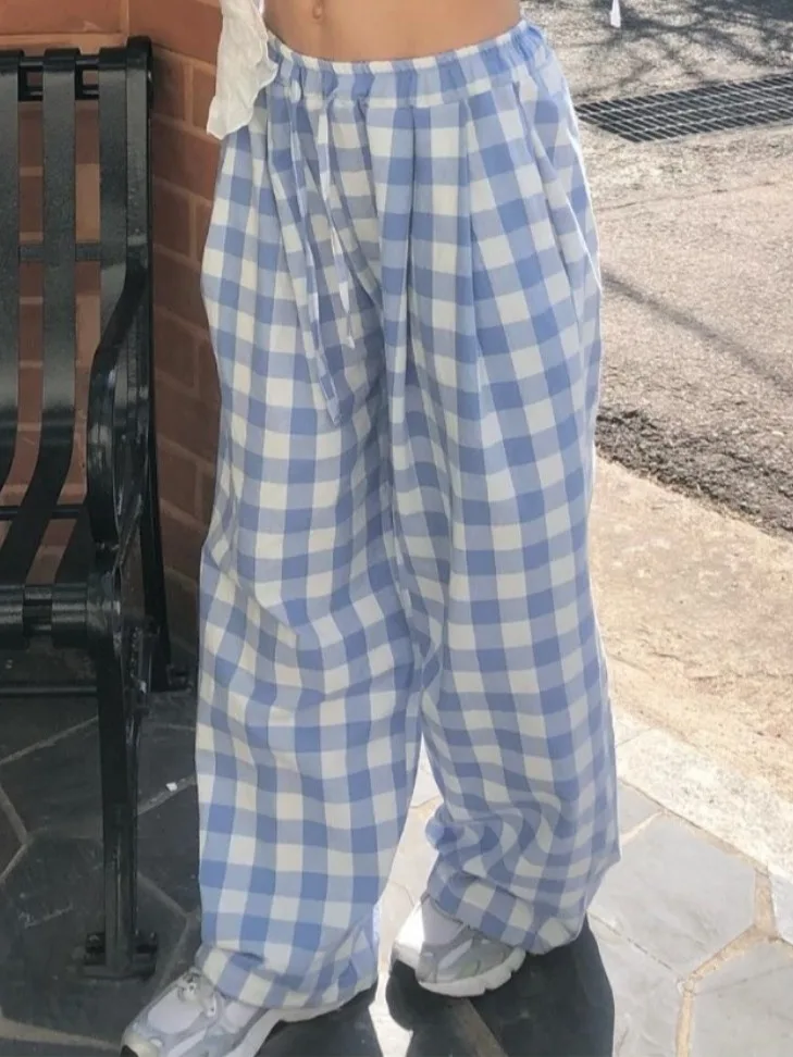 

Chic Summer Large Plaid Casual Harem Pants Straight Leg Casual Trousers Japanese Sle Girls Loose Fit Long Pants
