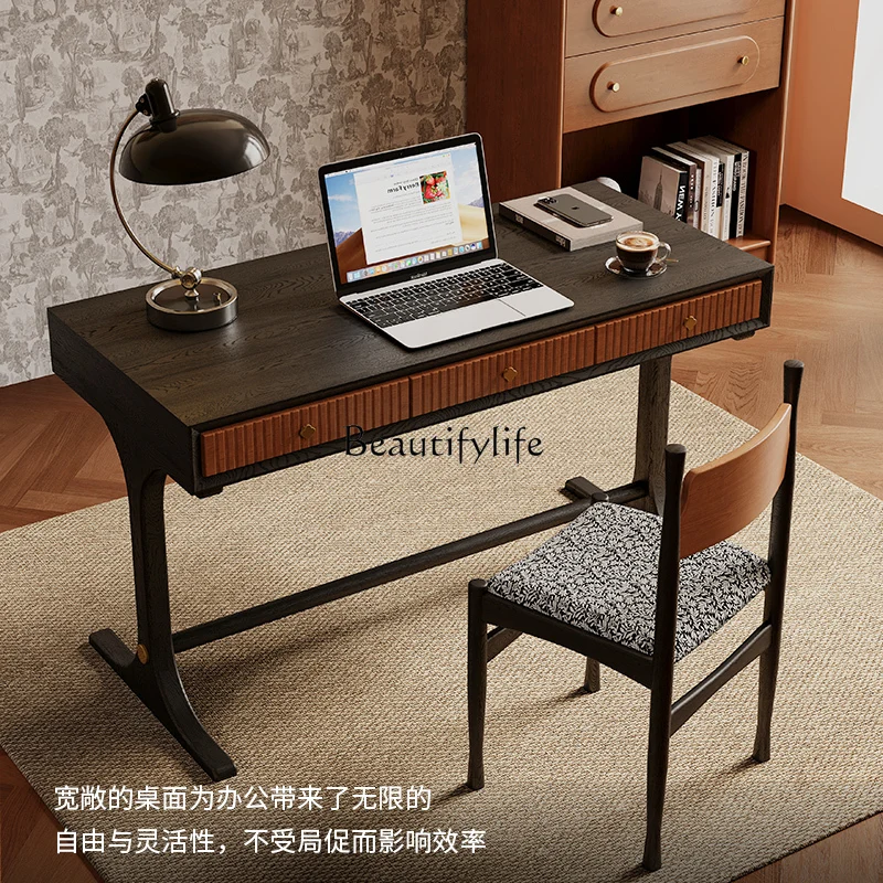 Medieval style solid wood study table Bedroom writing desk with bookshelf Simple computer desk