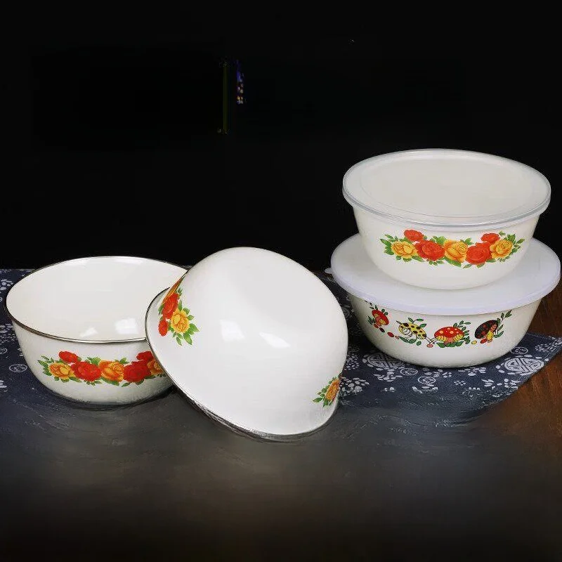 

Enameled Seal Freshness Bowl with Lid Old Style Retro Stirring Salad Soup Bowl Fruit Rice Preservation Box Chinese Style Dail...