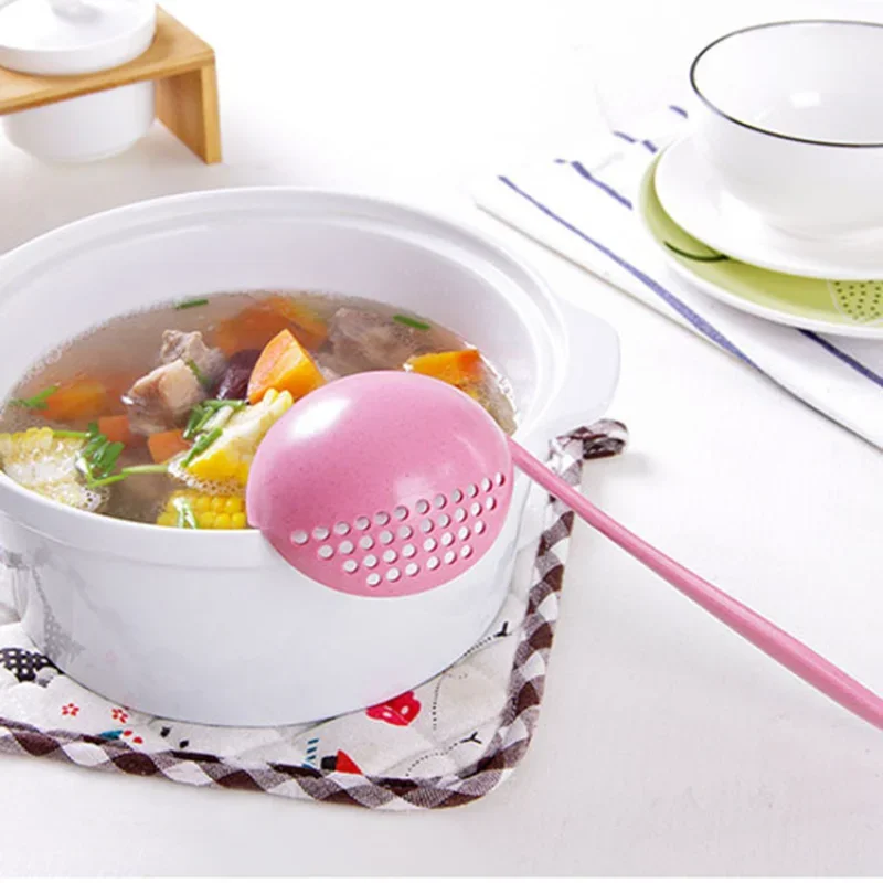 

Kitchen Soup Spoon Strainer Plastic Solid Color Anti-scald Tableware 2 In 1 Kitchen Accessories Soup Spoon Long Handle