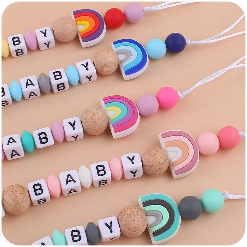 Baby soother beech wood pacifier chain Baby creative cartoon silicone rainbow chain Teething teethers anti-falling chain