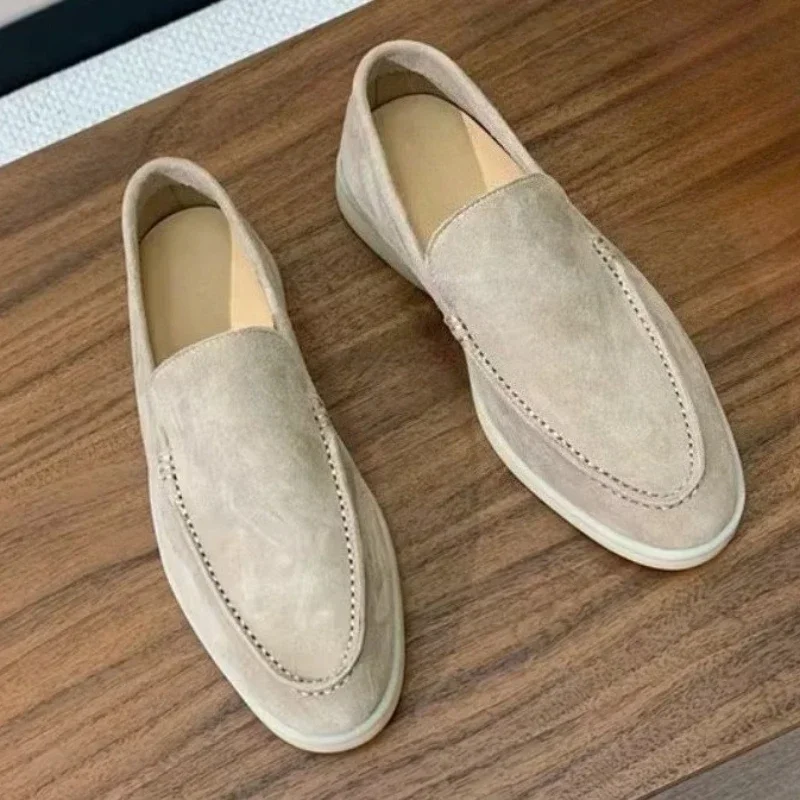Men's walking driving shoes, genuine leather loafers, sheepskin suede flat casual slip-on shoes, large size women's shoes35-47