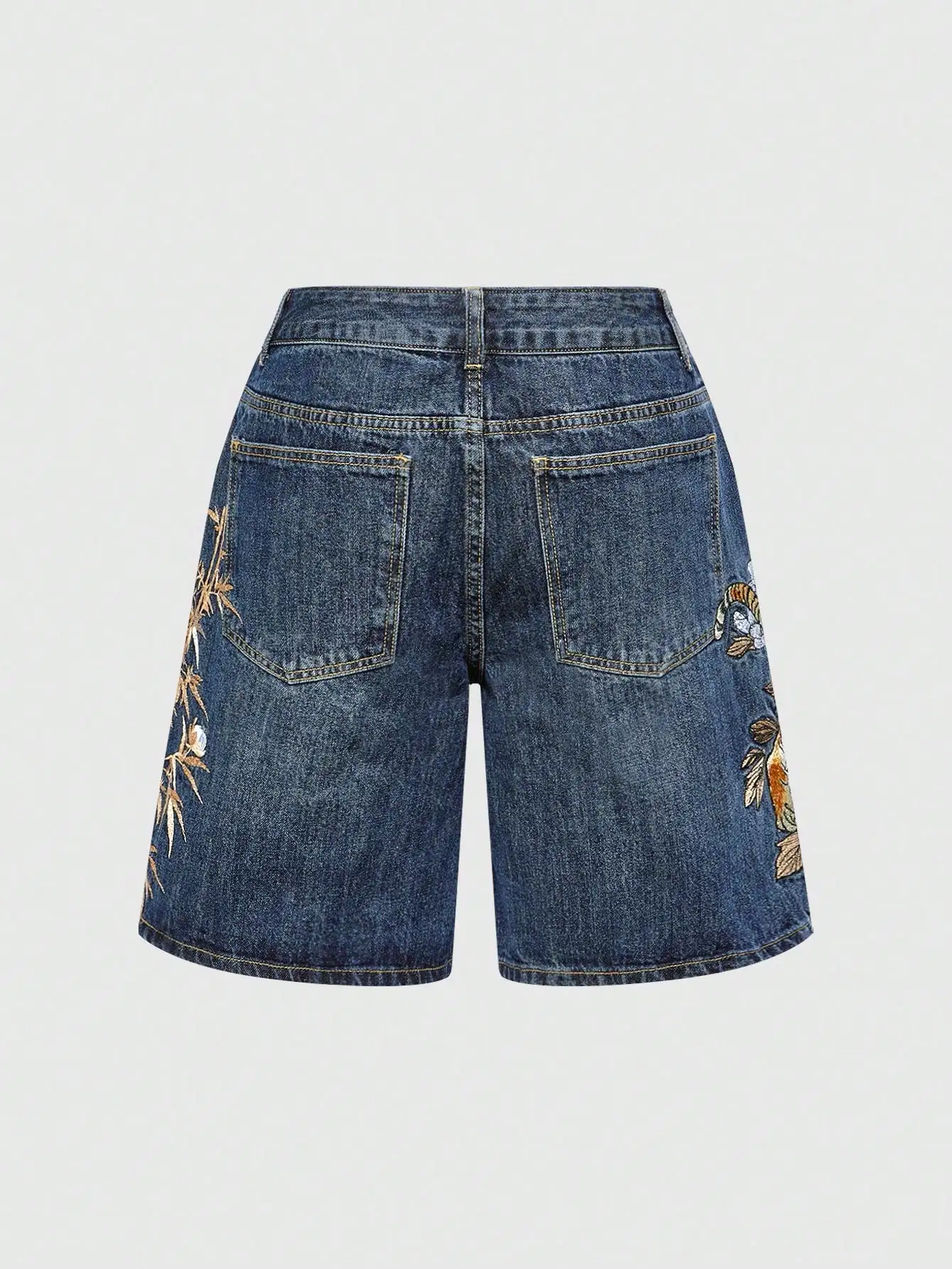 ROMWE Avant Unisex Retro Street-Style Chinese Tiger & Floral Embroidery Loose Wide-Leg Low Waist Jeans