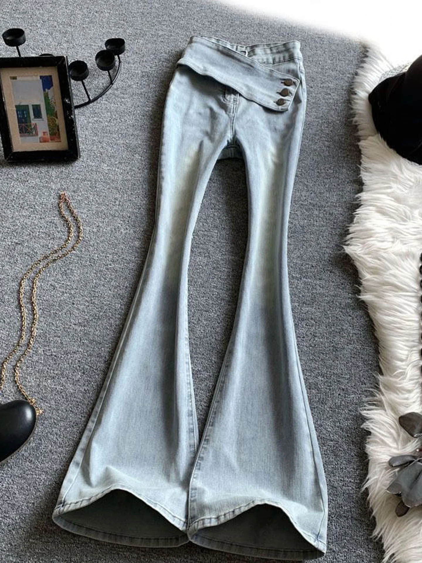 

Light Blue High Waist Bell Bottom Denim Jeans Women's Summer New Style Elastic Slimming Hoof Pants Retro Design