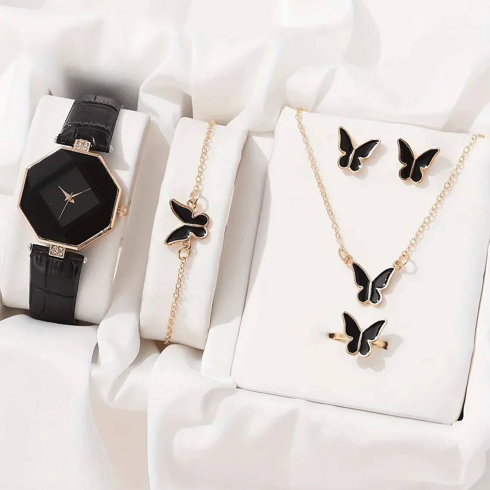 1 قطعة مؤشر مضلع عادية كوارتز ساعة فاخرة حجر الراين التناظرية بولي Leather ساعة يد جلدية و 5 قطعة مجموعة مجوهرات ، هدية لأمي/لها