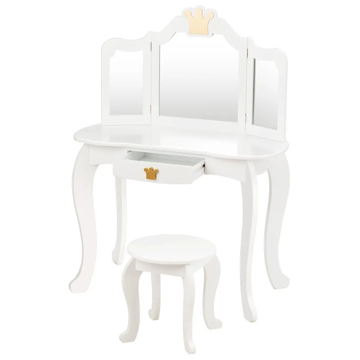 GOFLAME Vanity Table & Stool Set, Princess Pretend Beauty Makeup Table w/ Tri-folding Mirror & Drawer