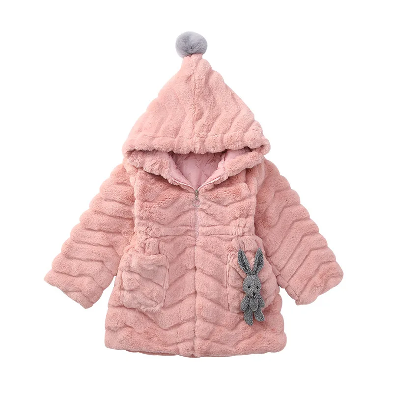 NEW Winter Mid-length Imitation Rabbit Fur Solid Waist Design Childrens Jacket With Cap New Long Sleeve Coat For Girls 4 8 12 Y