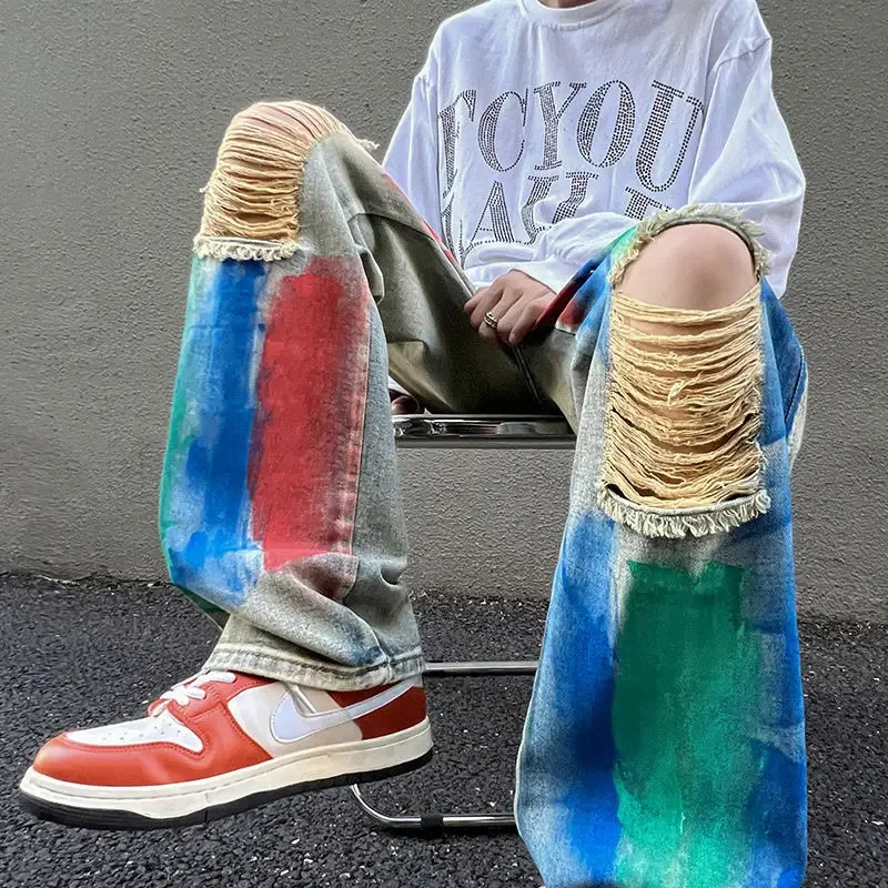Men Clothing New Color Graffiti Hole Jeans Men's Fashion Personality American High Street Straight Loose Wide-legged Long Pants