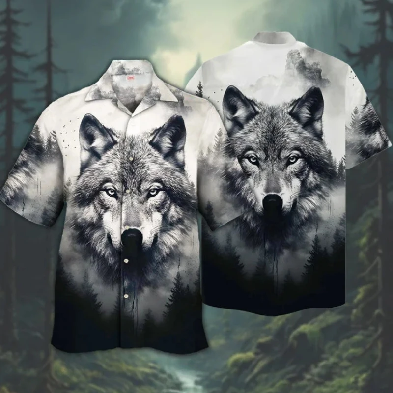 Retro Men\'s Shirt 3d Wolf Print Short Sleeve Tops Cuban Collar Shirt Oversized Man Clothing Beach Casual Hawaiian Shirts For Men