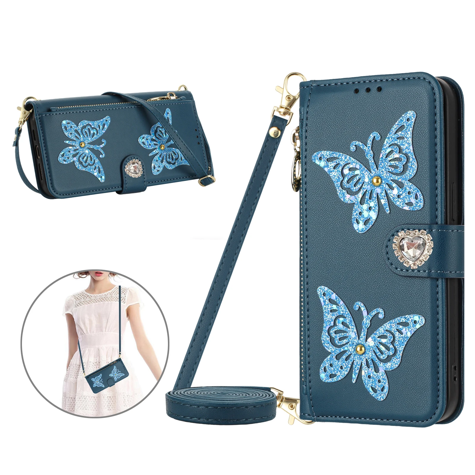 2 Butterflies Rhinestone Leather Zipper Wallet Case For Samsung Galaxy A55 5G A35 A25 A15 A54 A34 A53 A33 Crossbody Flip Cover