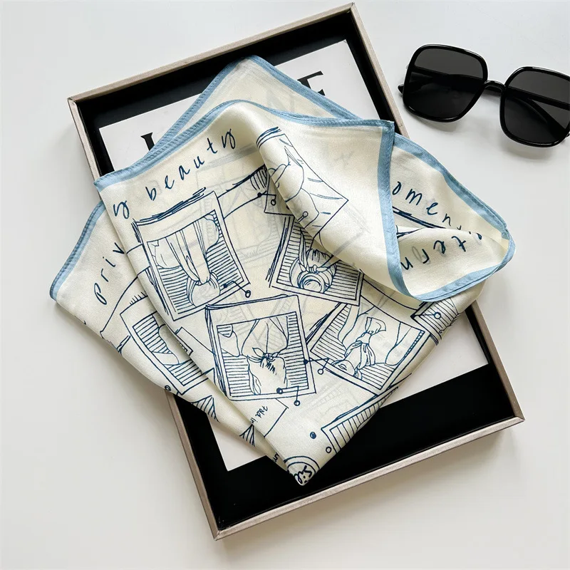 Vintage Sketch Print Satin Small Square 100% Scarf Women Blue White Art Letter Neck Scarves For Bag Handle Hair Band Accessory view 3