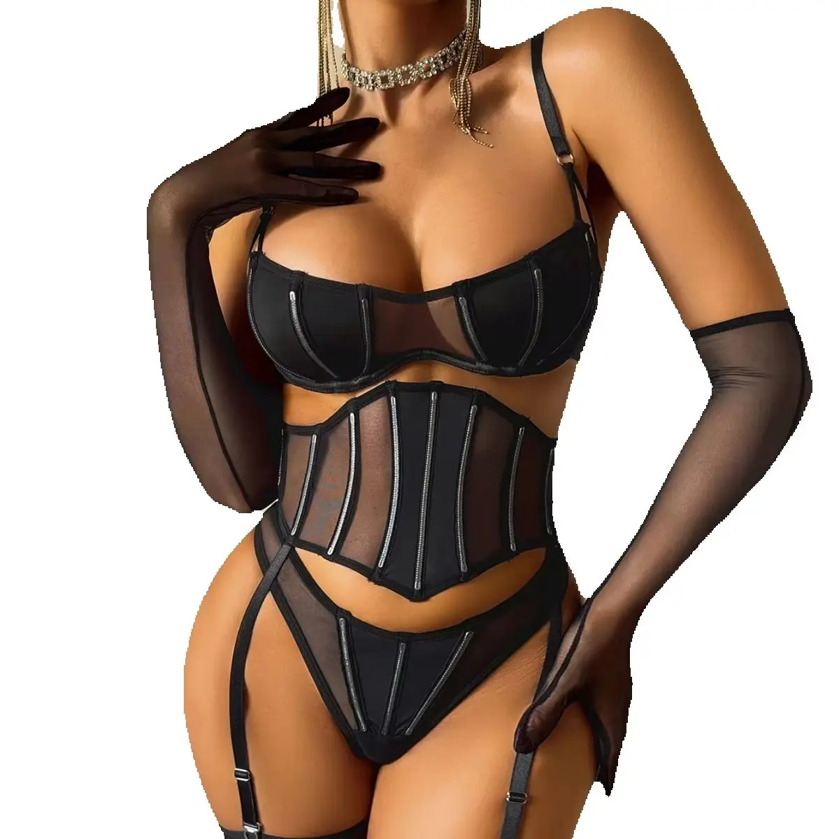 2026 French style design ultra-thin perspective mesh splicing black shapewear bra set with five pieces and gloves