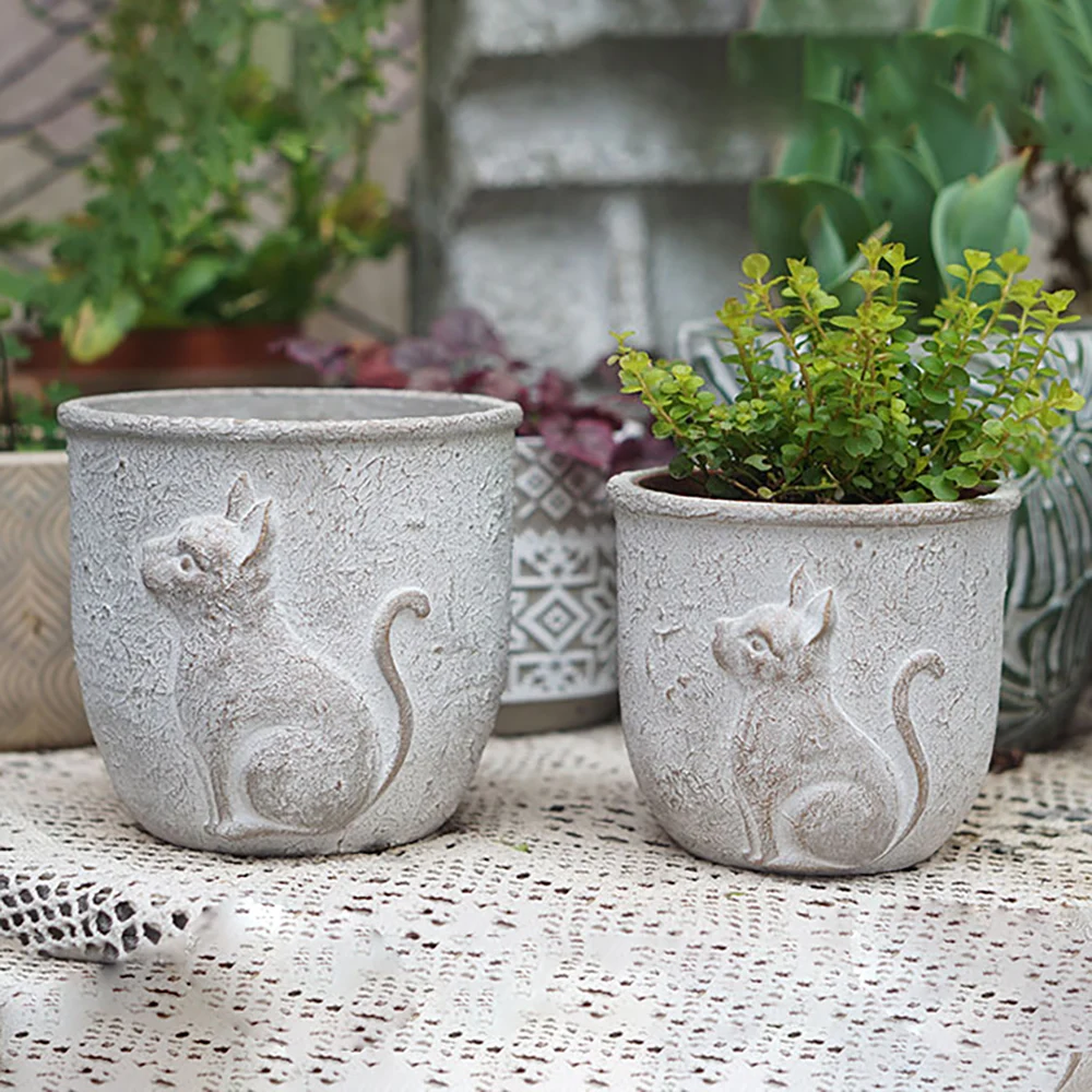 Simple relief cute bird cat pattern rough round cement flower pot Silicone mold concrete succulent flower pot mold